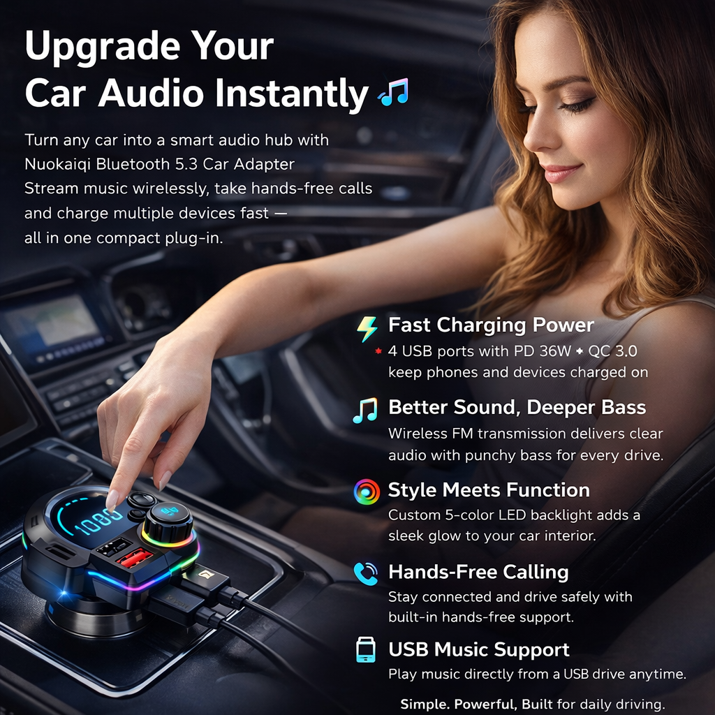 Bluetooth 5.3 Car Adapter Charger 4-Port Fast Charging PD36W QC3.0 18W Wireless FM Transmitter Deep Bass LED Backlit Hands-Free Calling USB Drive Support