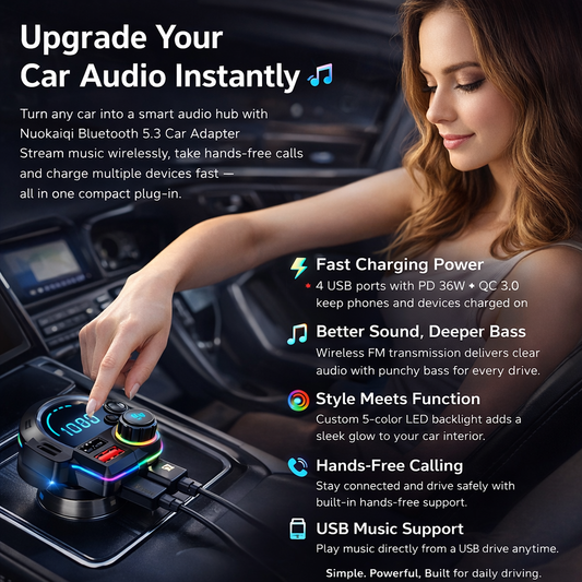 Bluetooth 5.3 Car Adapter Charger 4-Port Fast Charging PD36W QC3.0 18W Wireless FM Transmitter Deep Bass LED Backlit Hands-Free Calling USB Drive Support