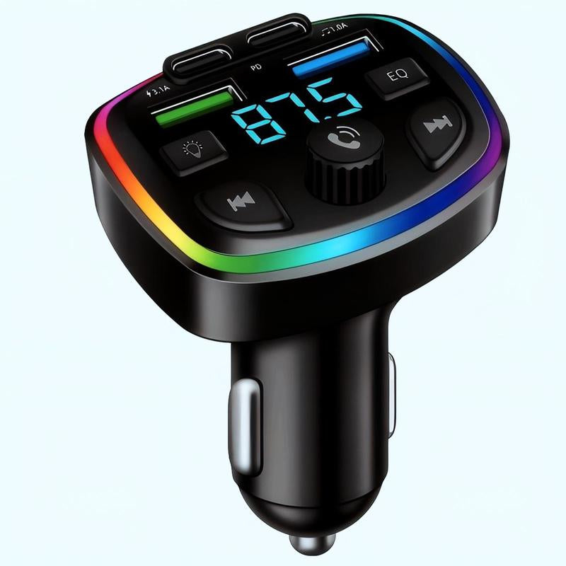 Bluetooth 5.3 Car Adapter Charger 4-Port Fast Charging PD36W QC3.0 18W Wireless FM Transmitter Deep Bass LED Backlit Hands-Free Calling USB Drive Support