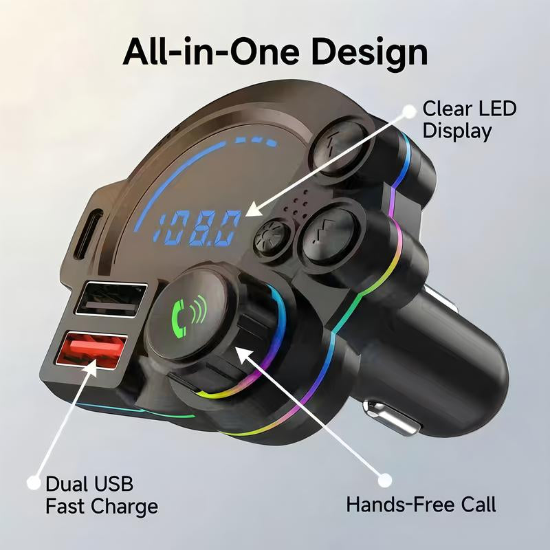 Bluetooth 5.3 Car Adapter Charger 4-Port Fast Charging PD36W QC3.0 18W Wireless FM Transmitter Deep Bass LED Backlit Hands-Free Calling USB Drive Support