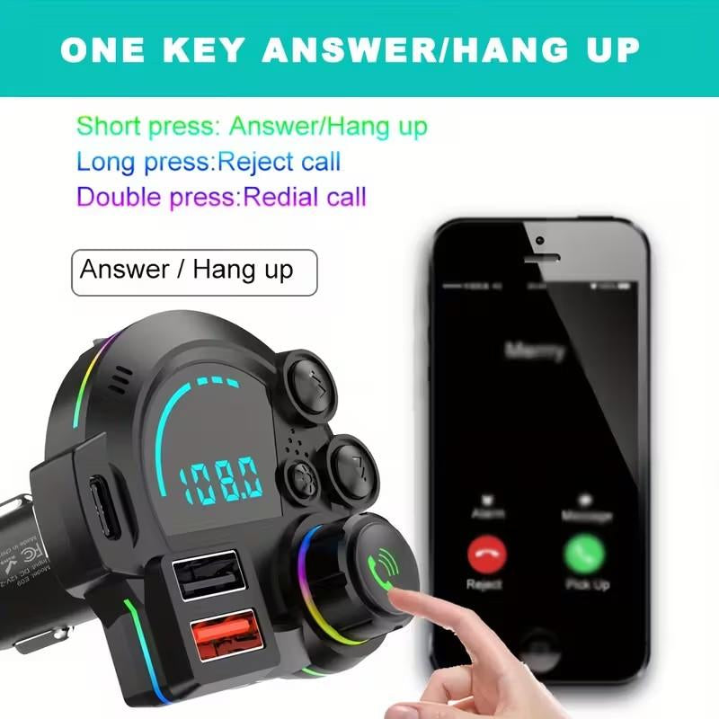 Bluetooth 5.3 Car Adapter Charger 4-Port Fast Charging PD36W QC3.0 18W Wireless FM Transmitter Deep Bass LED Backlit Hands-Free Calling USB Drive Support