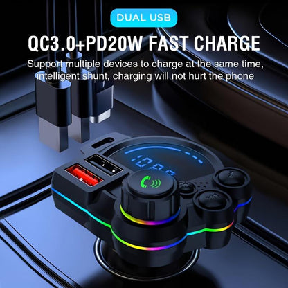 Bluetooth 5.3 Car Adapter Charger 4-Port Fast Charging PD36W QC3.0 18W Wireless FM Transmitter Deep Bass LED Backlit Hands-Free Calling USB Drive Support