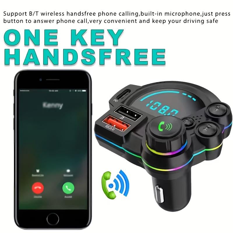 Bluetooth 5.3 Car Adapter Charger 4-Port Fast Charging PD36W QC3.0 18W Wireless FM Transmitter Deep Bass LED Backlit Hands-Free Calling USB Drive Support